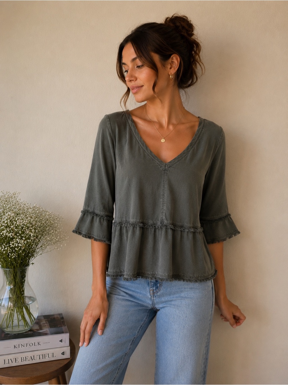Bella Dahl Olive V-Neck Frayed Tiered Tunic